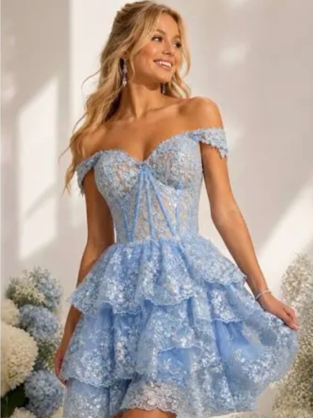 Sherri Hill Light Blue Sequin Lace Tiered Prom Dress